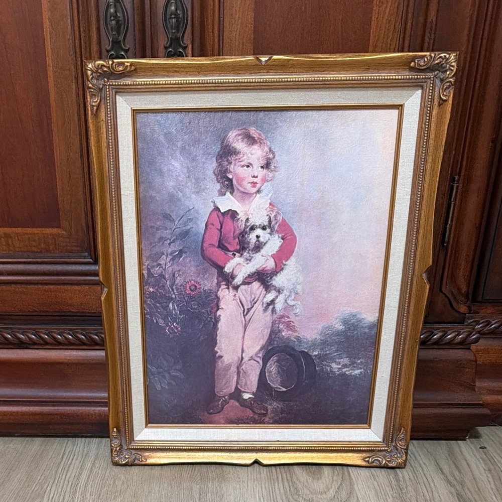 Framed Boy with Dog Portrait Print Gold Ornate Frame Vintage